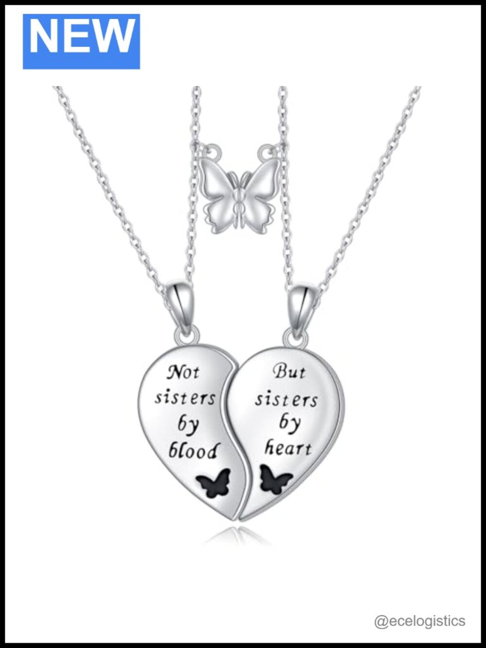 925 Sterling Silver Sister Necklace Set 2 Heart Pendant 14K White Gold Plated